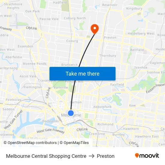 Melbourne Central Shopping Centre to Preston map