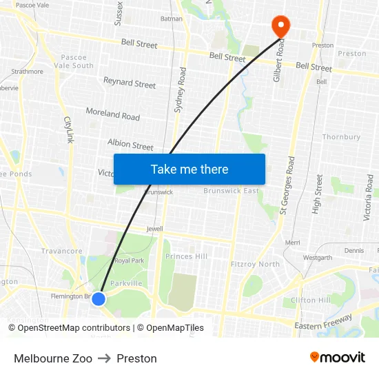 Melbourne Zoo to Preston map