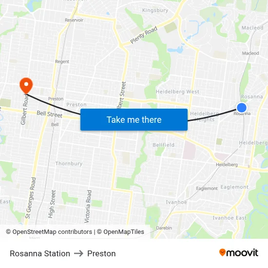Rosanna Station to Preston map