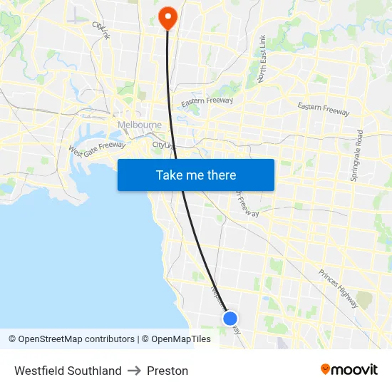 Westfield Southland to Preston map