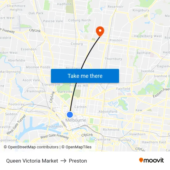 Queen Victoria Market to Preston map