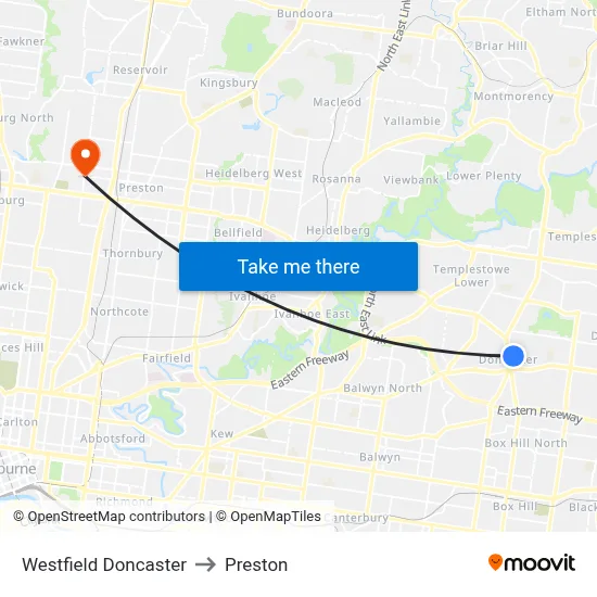 Westfield Doncaster to Preston map