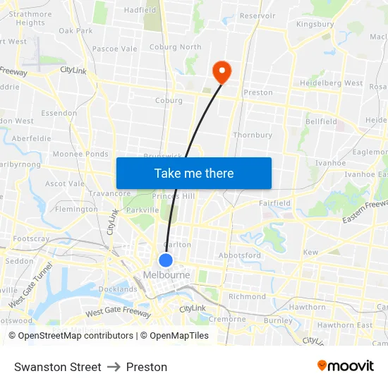 Swanston Street to Preston map
