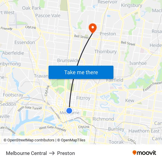 Melbourne Central to Preston map