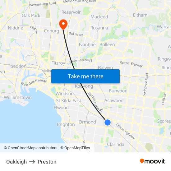 Oakleigh to Preston map