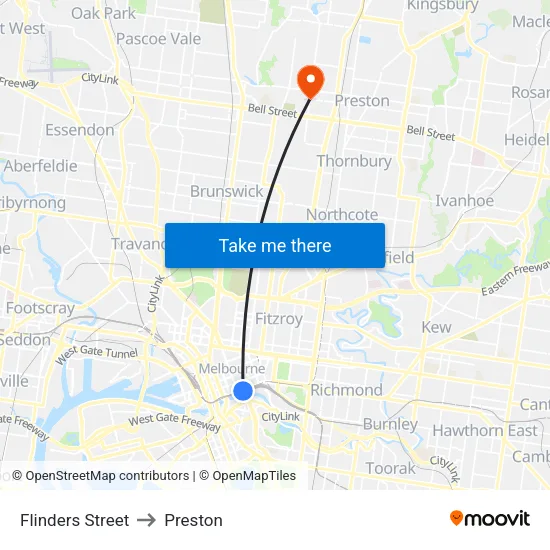 Flinders Street to Preston map
