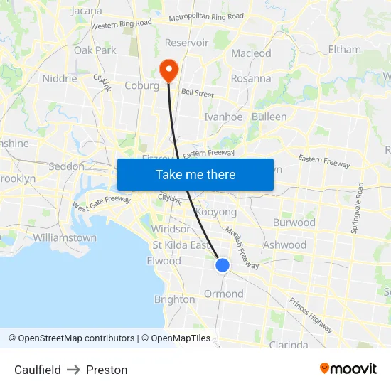 Caulfield to Preston map