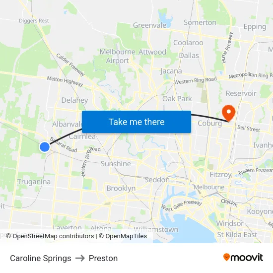 Caroline Springs to Preston map
