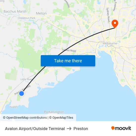 Avalon Airport/Outside Terminal to Preston map