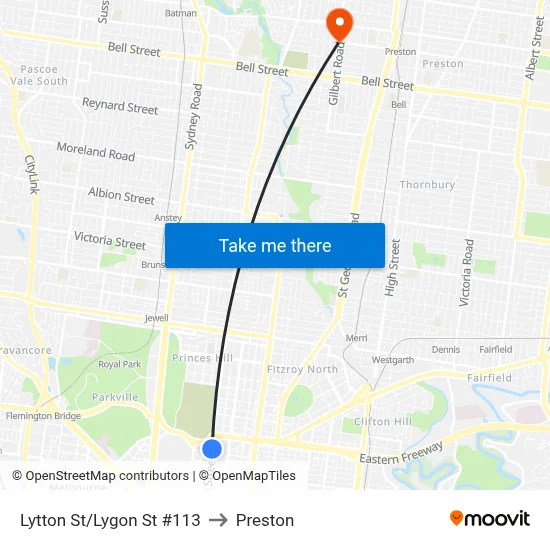 Lytton St/Lygon St #113 to Preston map
