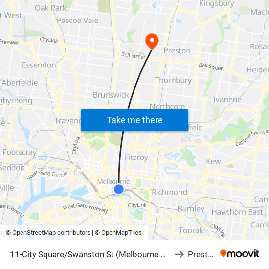 11-City Square/Swanston St (Melbourne City) to Preston map