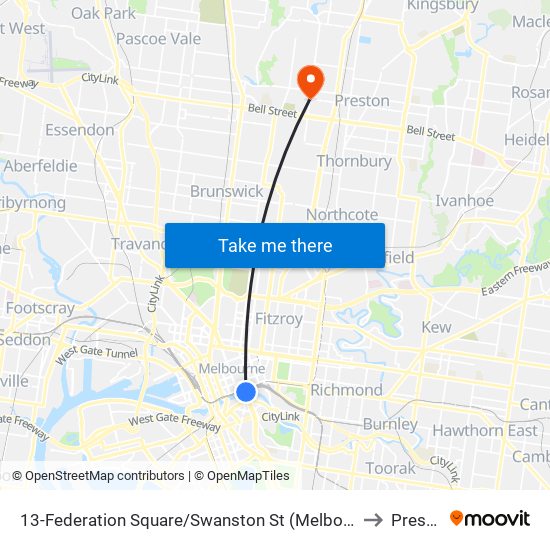 13-Federation Square/Swanston St (Melbourne City) to Preston map