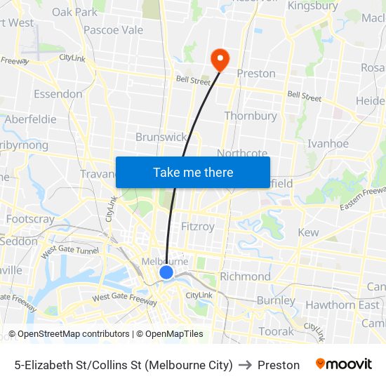 5-Elizabeth St/Collins St (Melbourne City) to Preston map