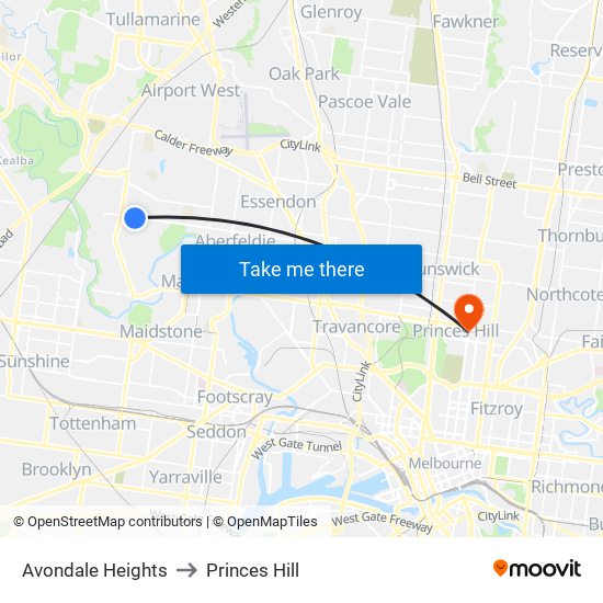 Avondale Heights to Princes Hill map