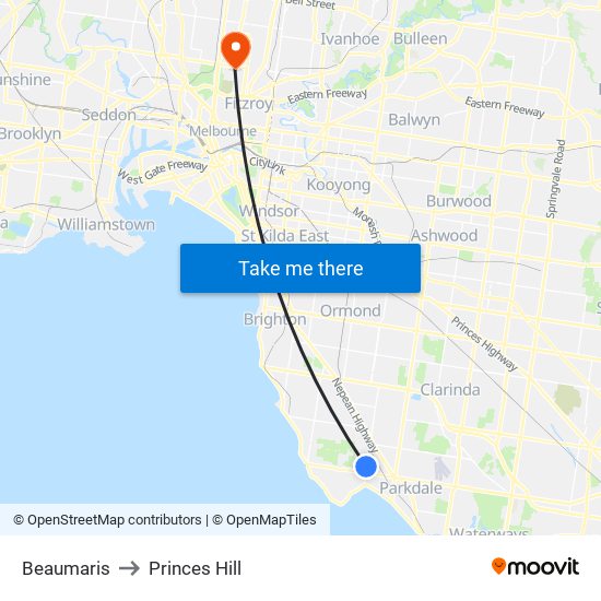 Beaumaris to Princes Hill map