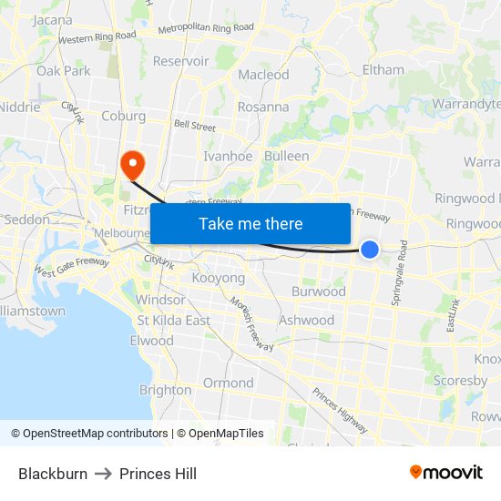 Blackburn to Princes Hill map