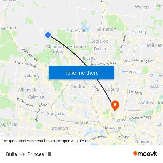 Bulla to Princes Hill map