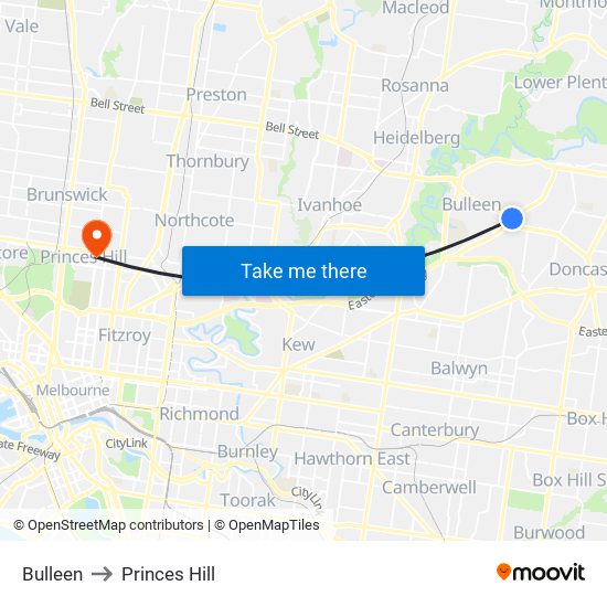 Bulleen to Princes Hill map