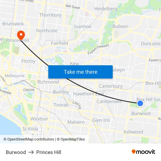 Burwood to Princes Hill map