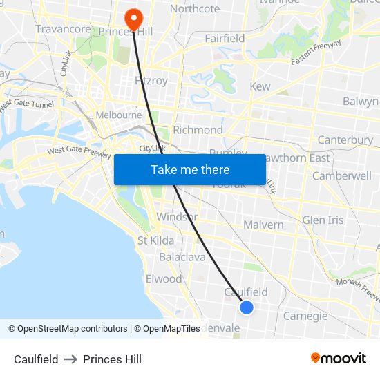 Caulfield to Princes Hill map