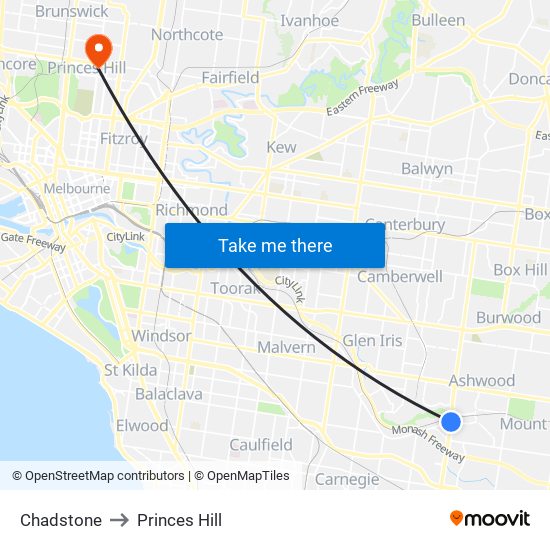 Chadstone to Princes Hill map