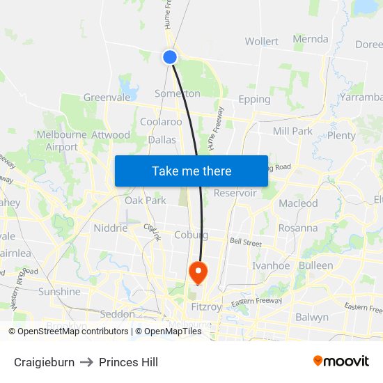 Craigieburn to Princes Hill map