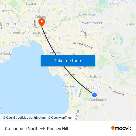 Cranbourne North to Princes Hill map