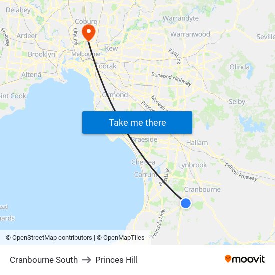 Cranbourne South to Princes Hill map