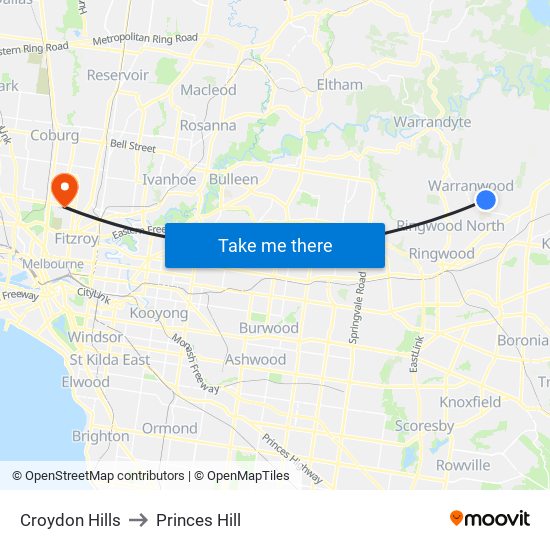 Croydon Hills to Princes Hill map