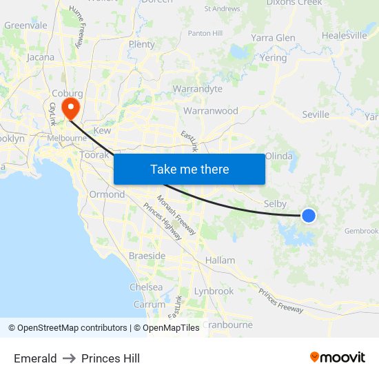 Emerald to Princes Hill map