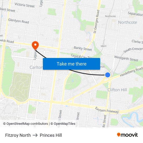 Fitzroy North to Princes Hill map