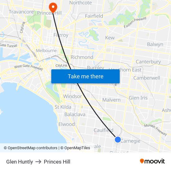 Glen Huntly to Princes Hill map