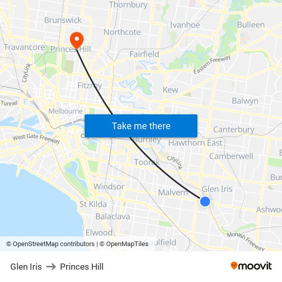 Glen Iris to Princes Hill map