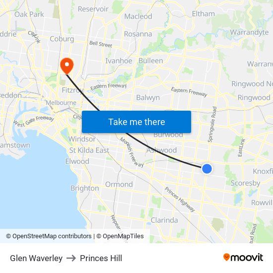 Glen Waverley to Princes Hill map