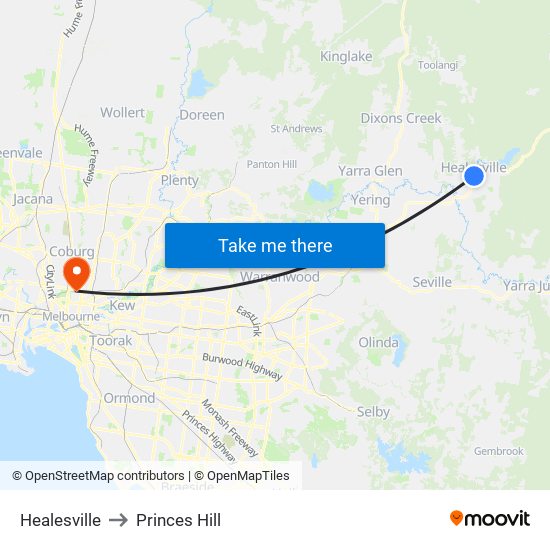 Healesville to Princes Hill map