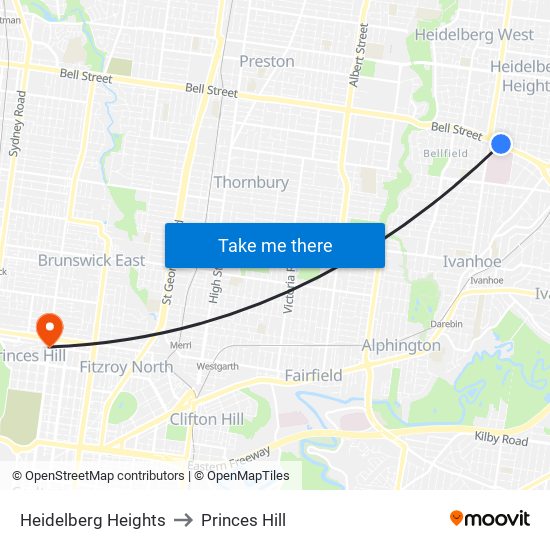 Heidelberg Heights to Princes Hill map