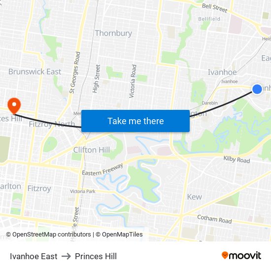 Ivanhoe East to Princes Hill map
