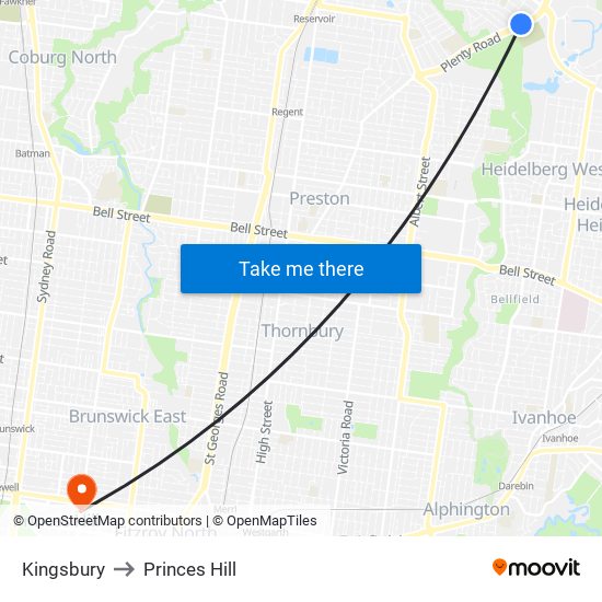 Kingsbury to Princes Hill map