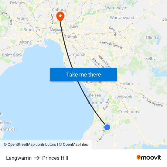 Langwarrin to Princes Hill map