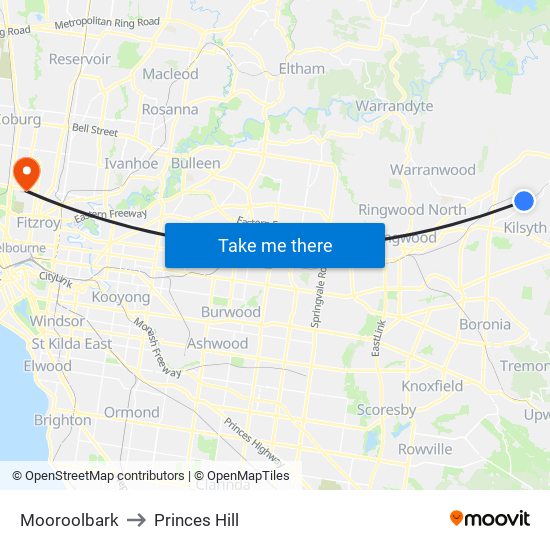 Mooroolbark to Princes Hill map