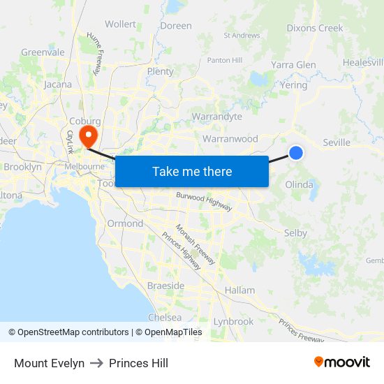 Mount Evelyn to Princes Hill map