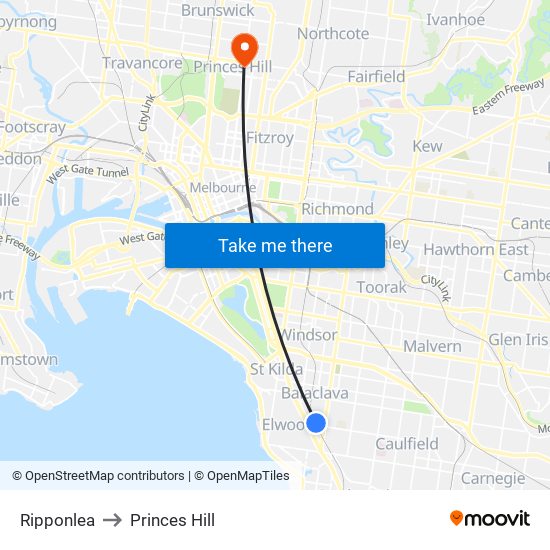 Ripponlea to Princes Hill map