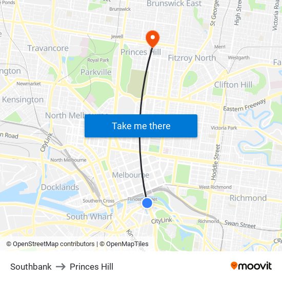 Southbank to Princes Hill map