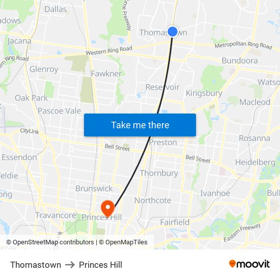 Thomastown to Princes Hill map