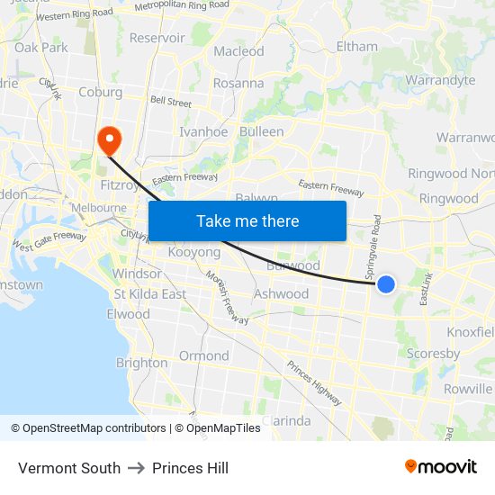 Vermont South to Princes Hill map