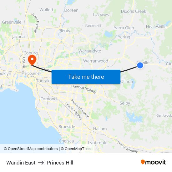Wandin East to Princes Hill map