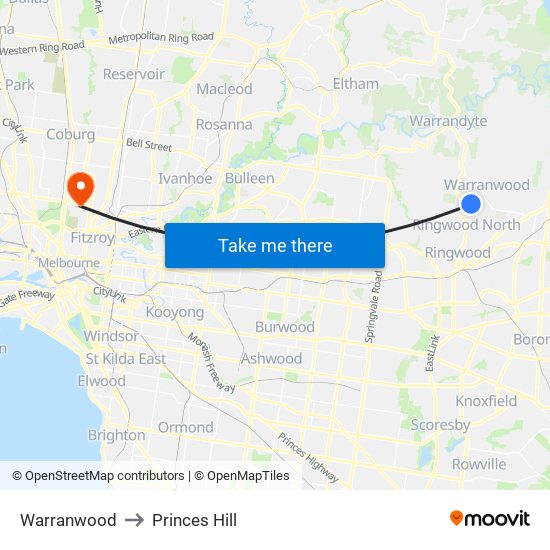 Warranwood to Princes Hill map