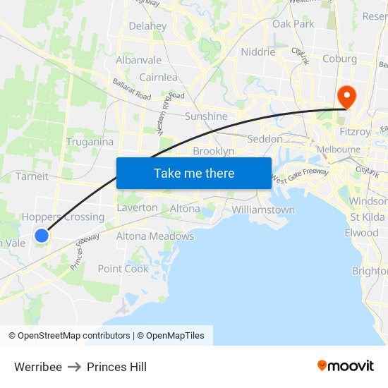 Werribee to Princes Hill map