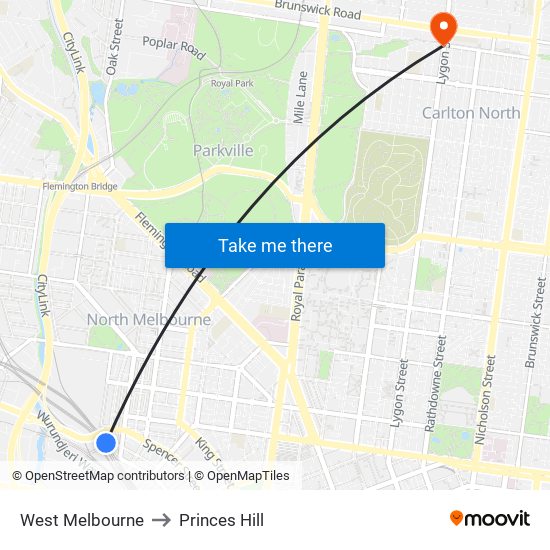 West Melbourne to Princes Hill map