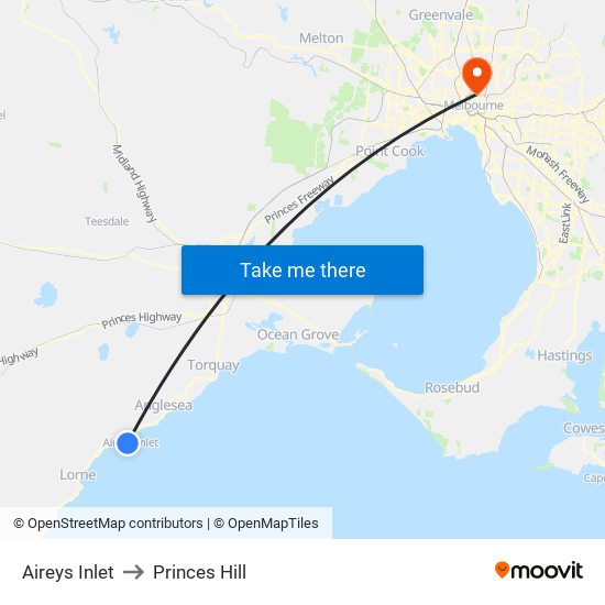 Aireys Inlet to Princes Hill map